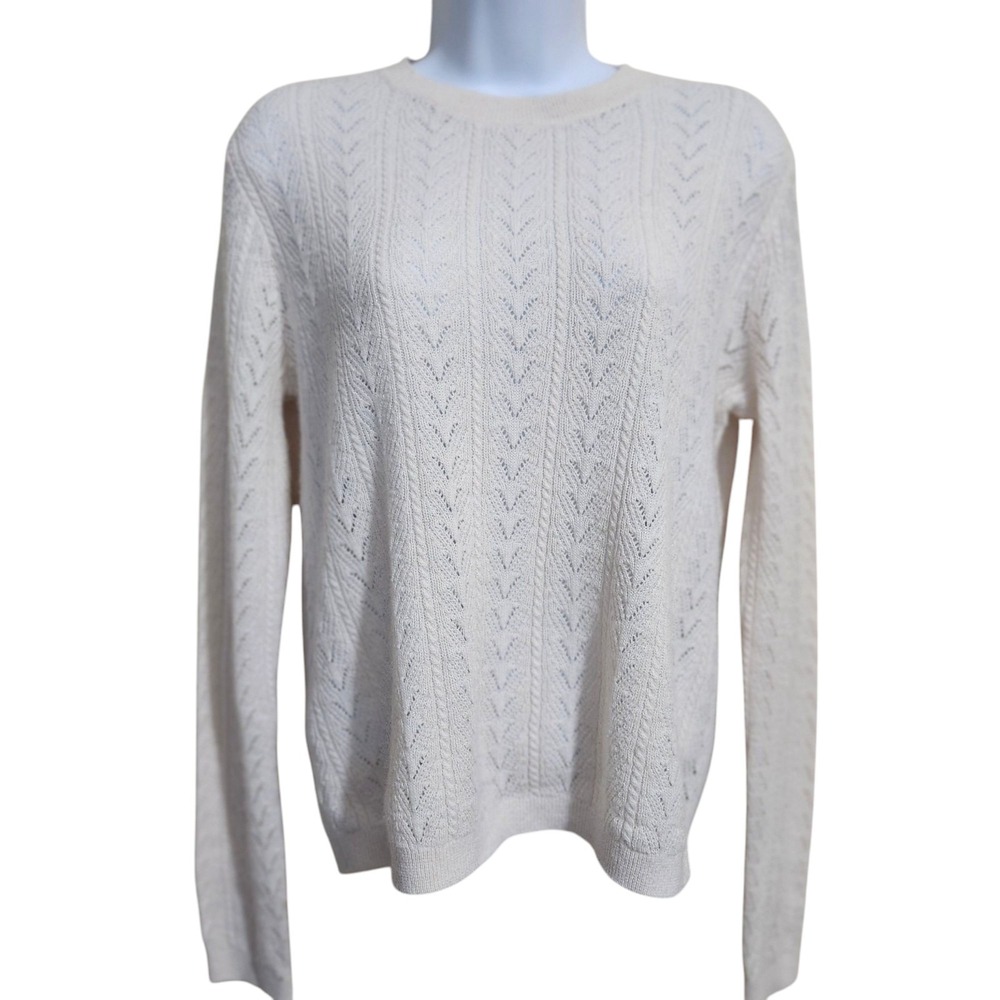 Ann Taylor LOFT Italian Yarn Pointelle Cable Knit Sweater Ivory Cream Womens M